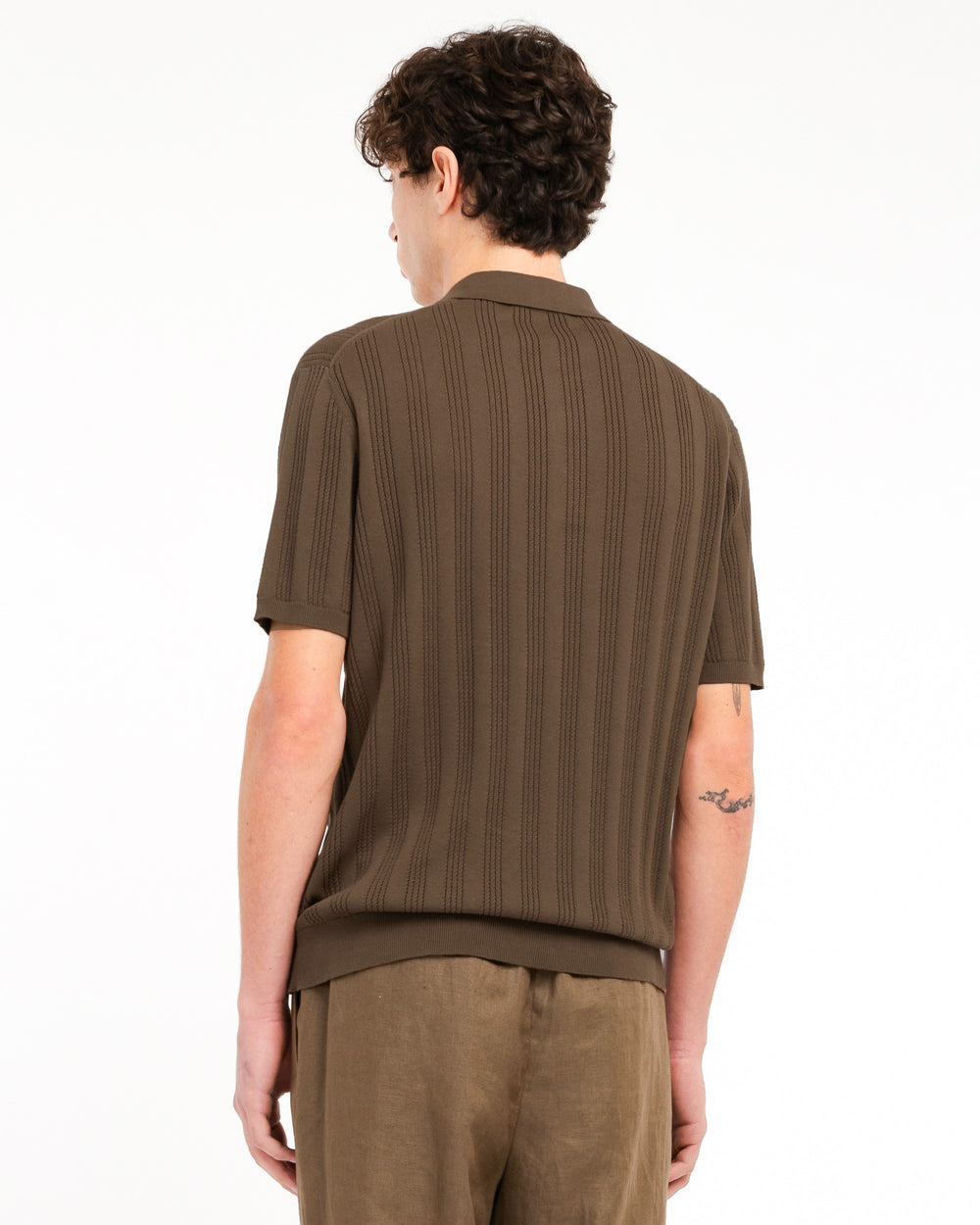 brown vertical striped perforated cotton polo shirt