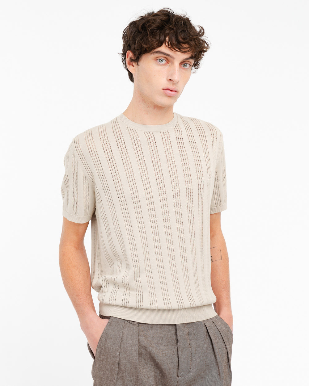beige perforated vertical stripe cotton t-shirt