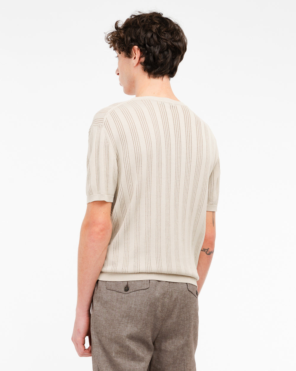 beige perforated vertical stripe cotton t-shirt