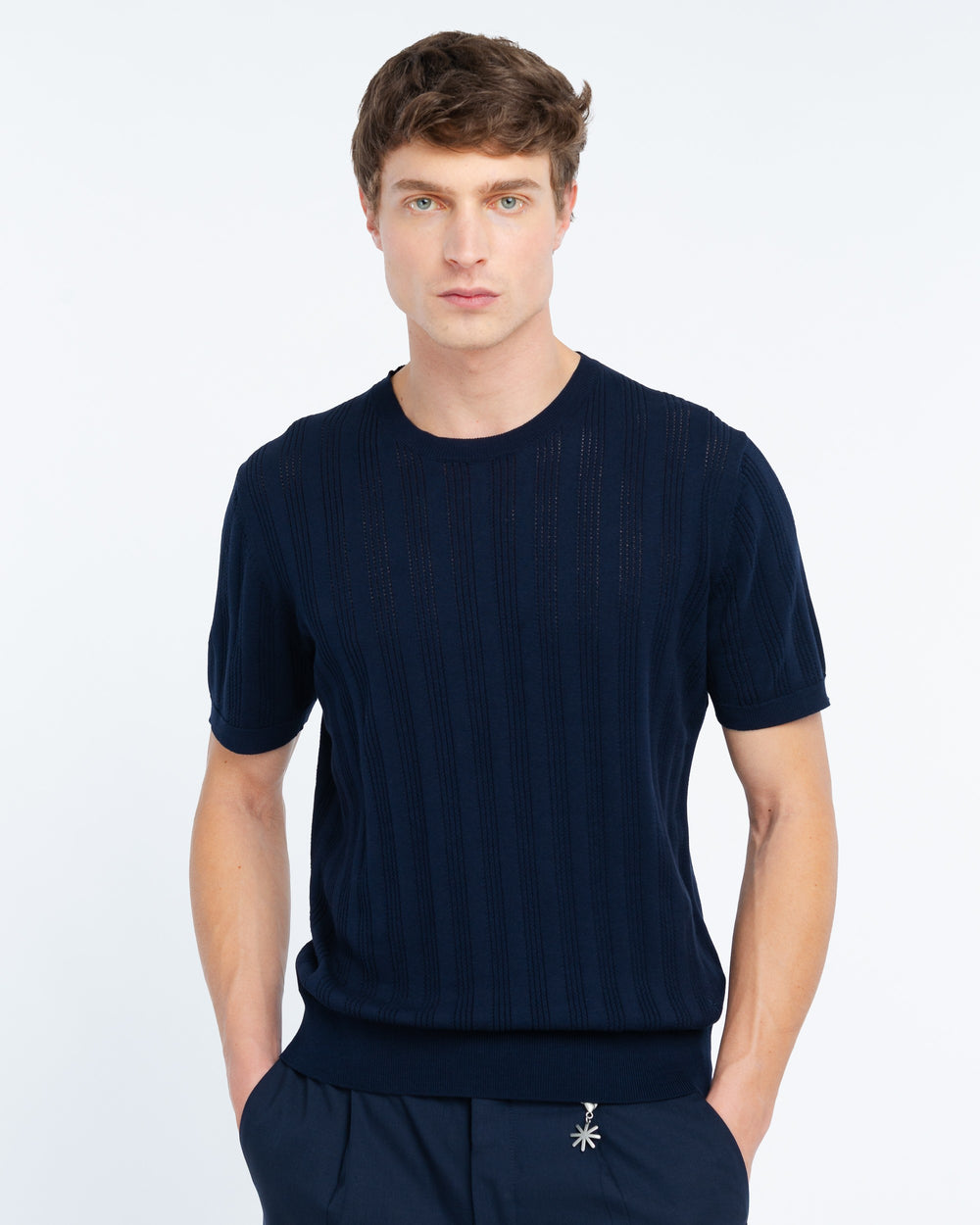 blue perforated vertical stripe cotton t-shirt
