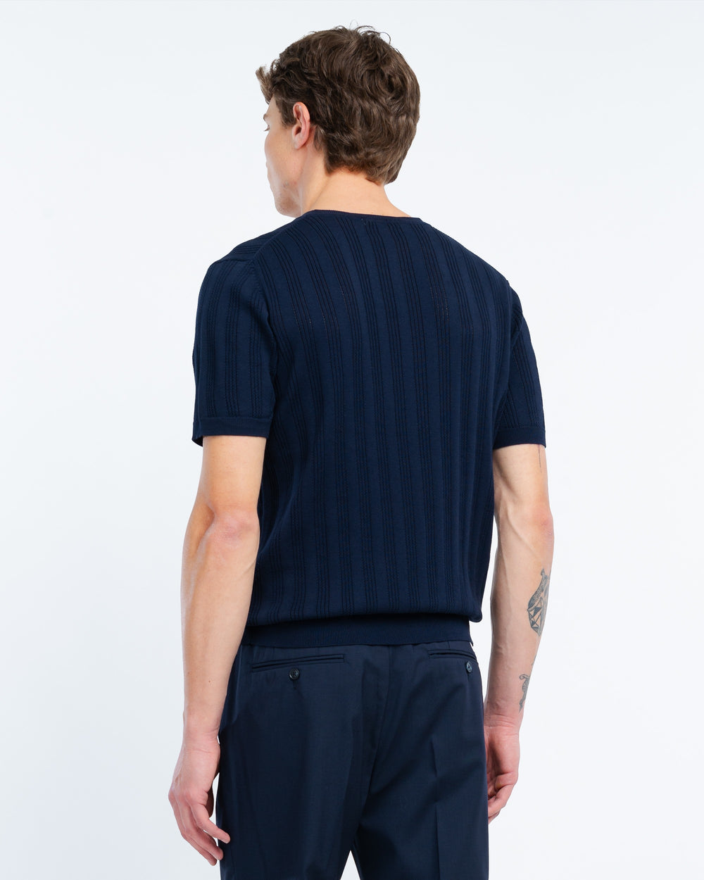 blue perforated vertical stripe cotton t-shirt