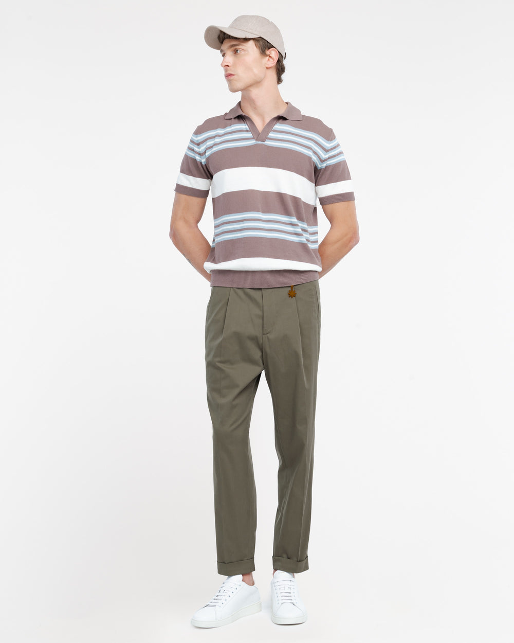 brown open collar multi stripe polo shirt in brushed cotton