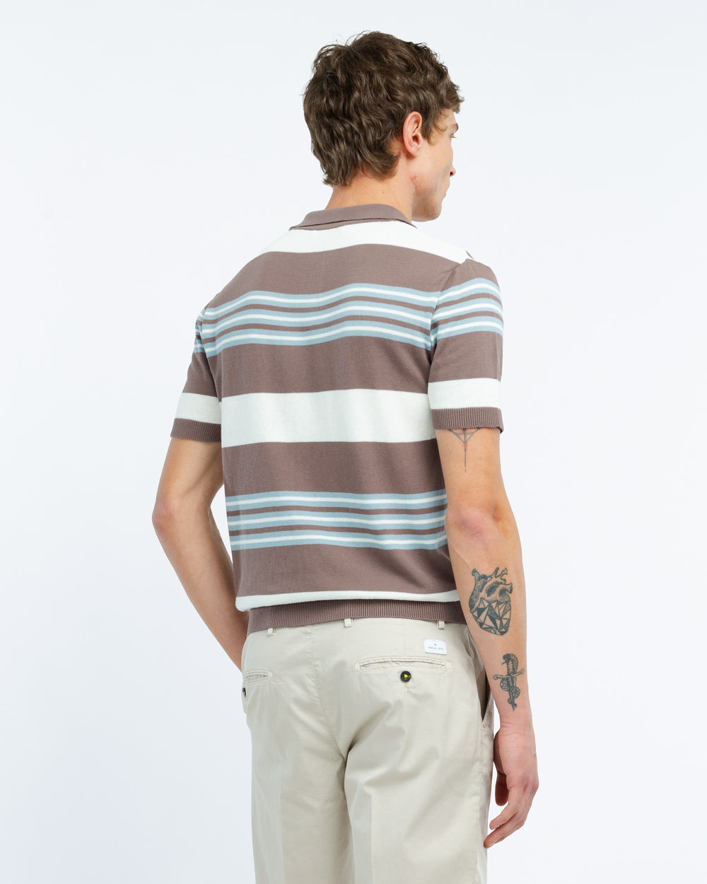 brown open collar multi stripe polo shirt in brushed cotton