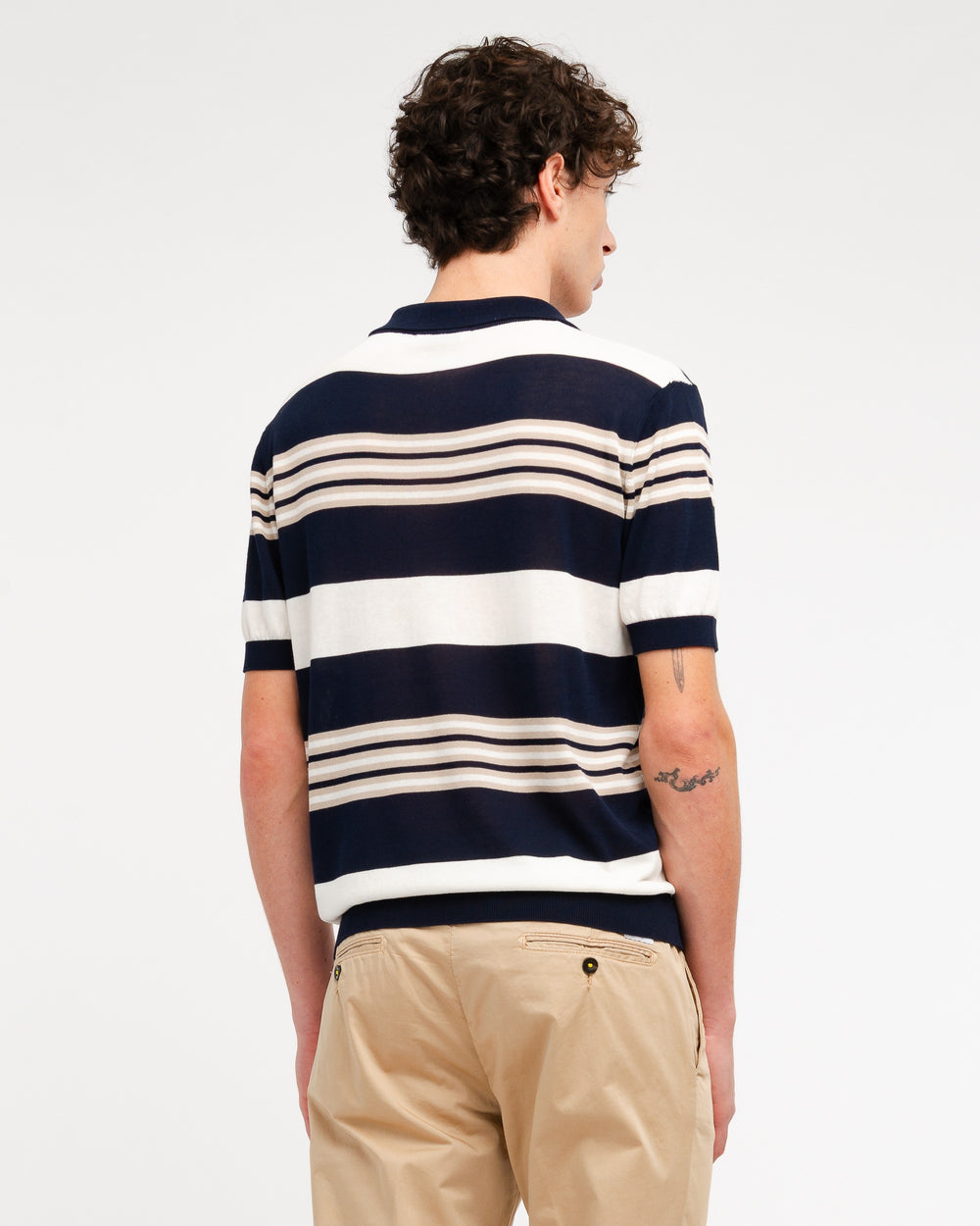 blue open collar multi stripe polo shirt in brushed cotton