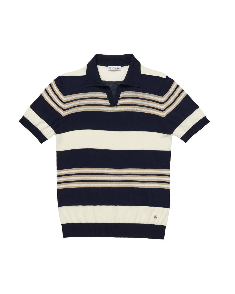 blue open collar multi stripe polo shirt in brushed cotton