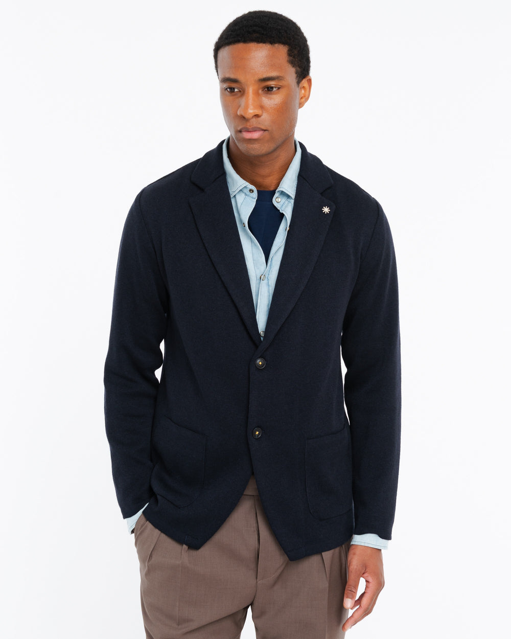 blue satin cotton blend knitted blazer
