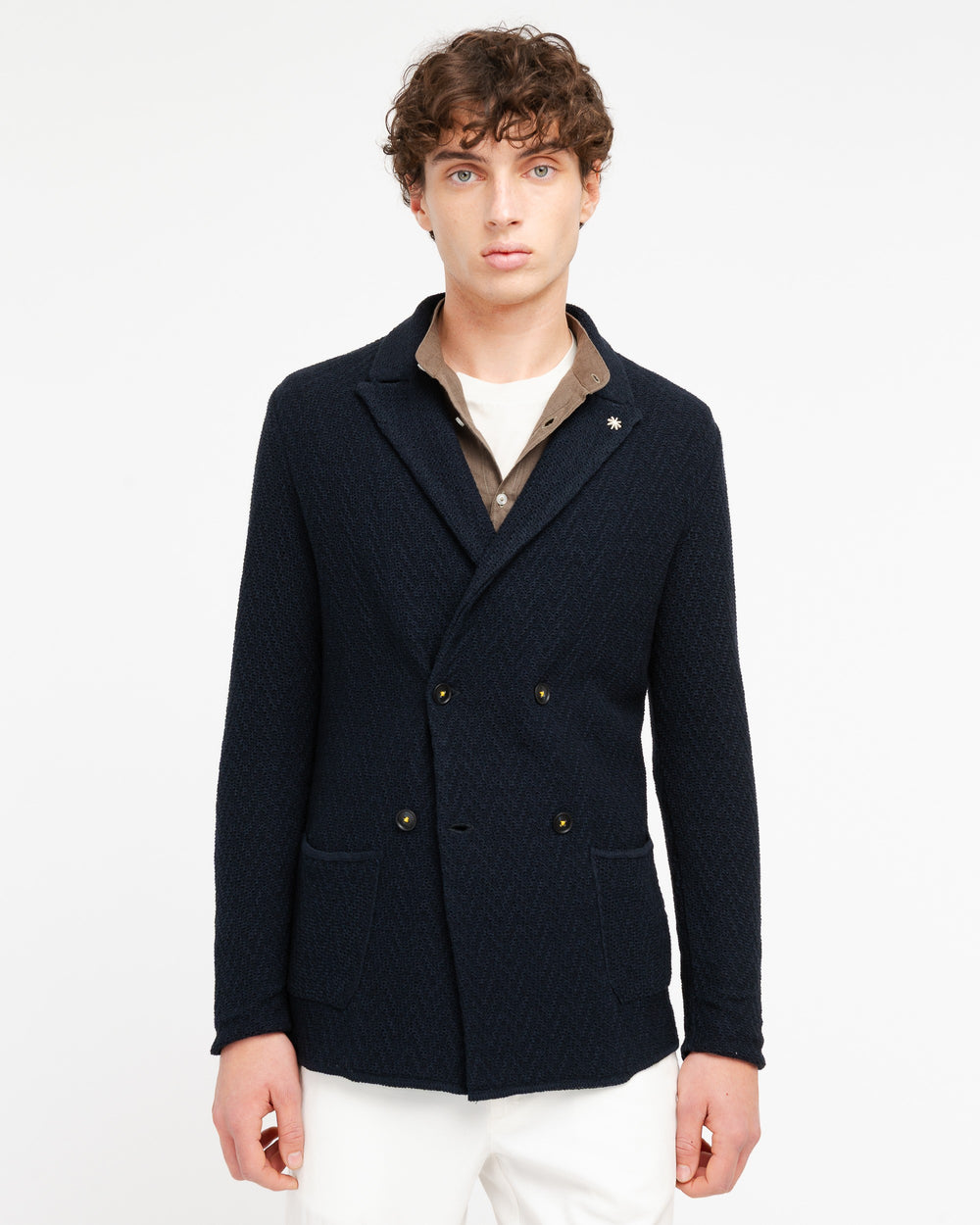 blue double breasted cotton interlock stitching knitted blazer