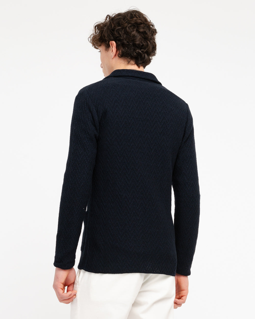 blue double breasted cotton interlock stitching knitted blazer