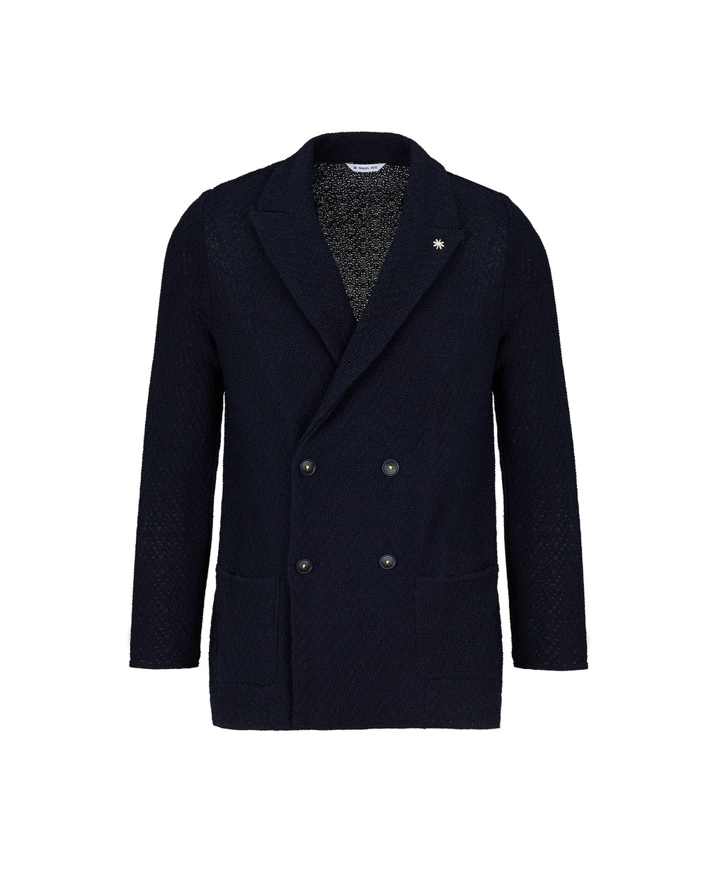 blue double breasted cotton interlock stitching knitted blazer