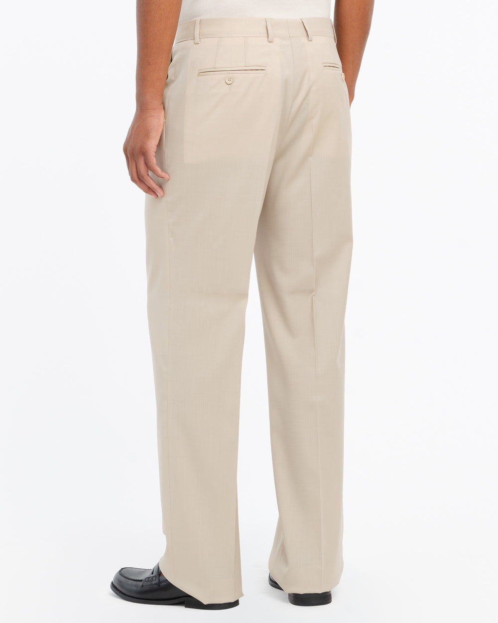beige relaxed fit double pleat trousers in cool stretch wool