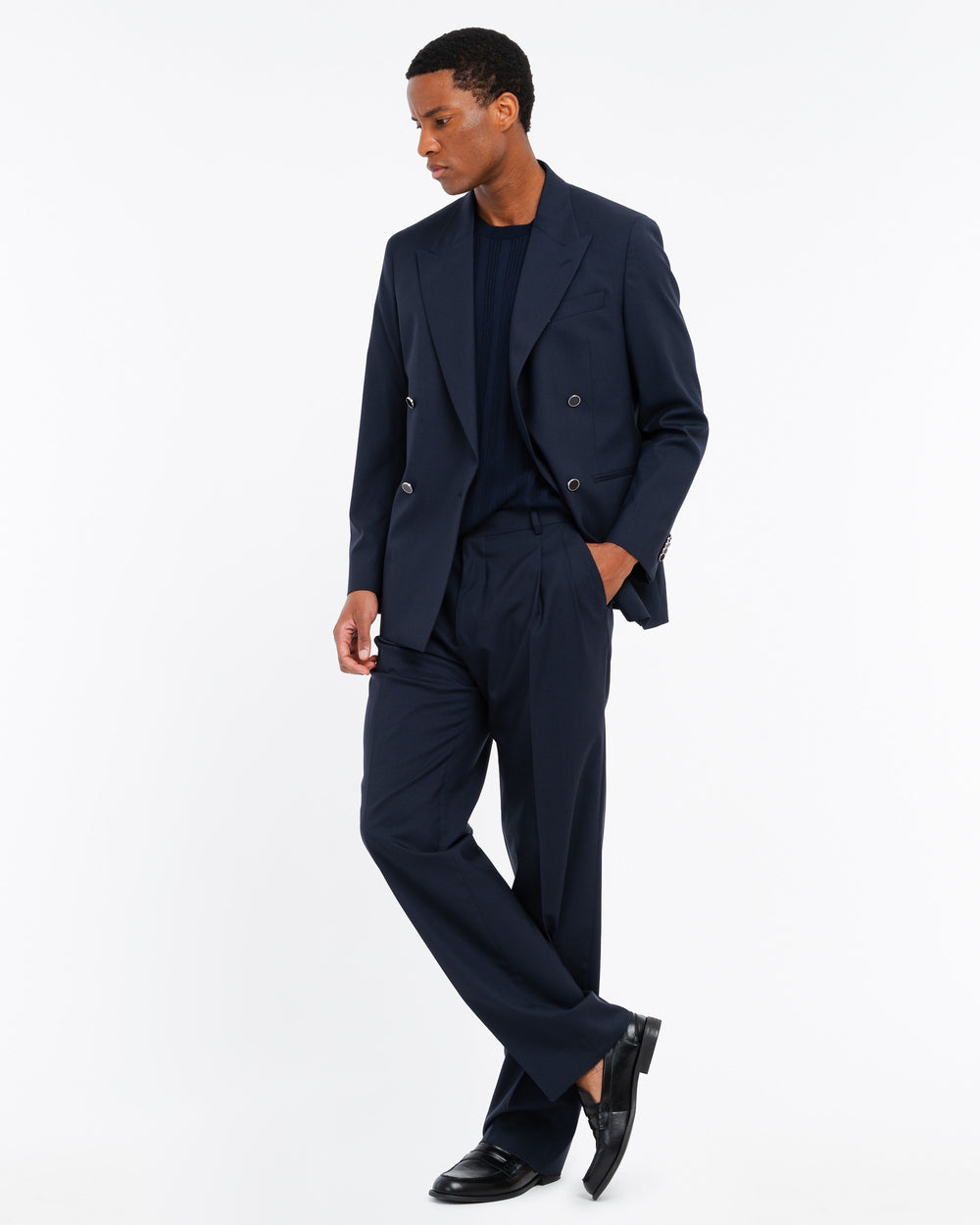 blue relaxed fit double pleat trousers in cool stretch wool
