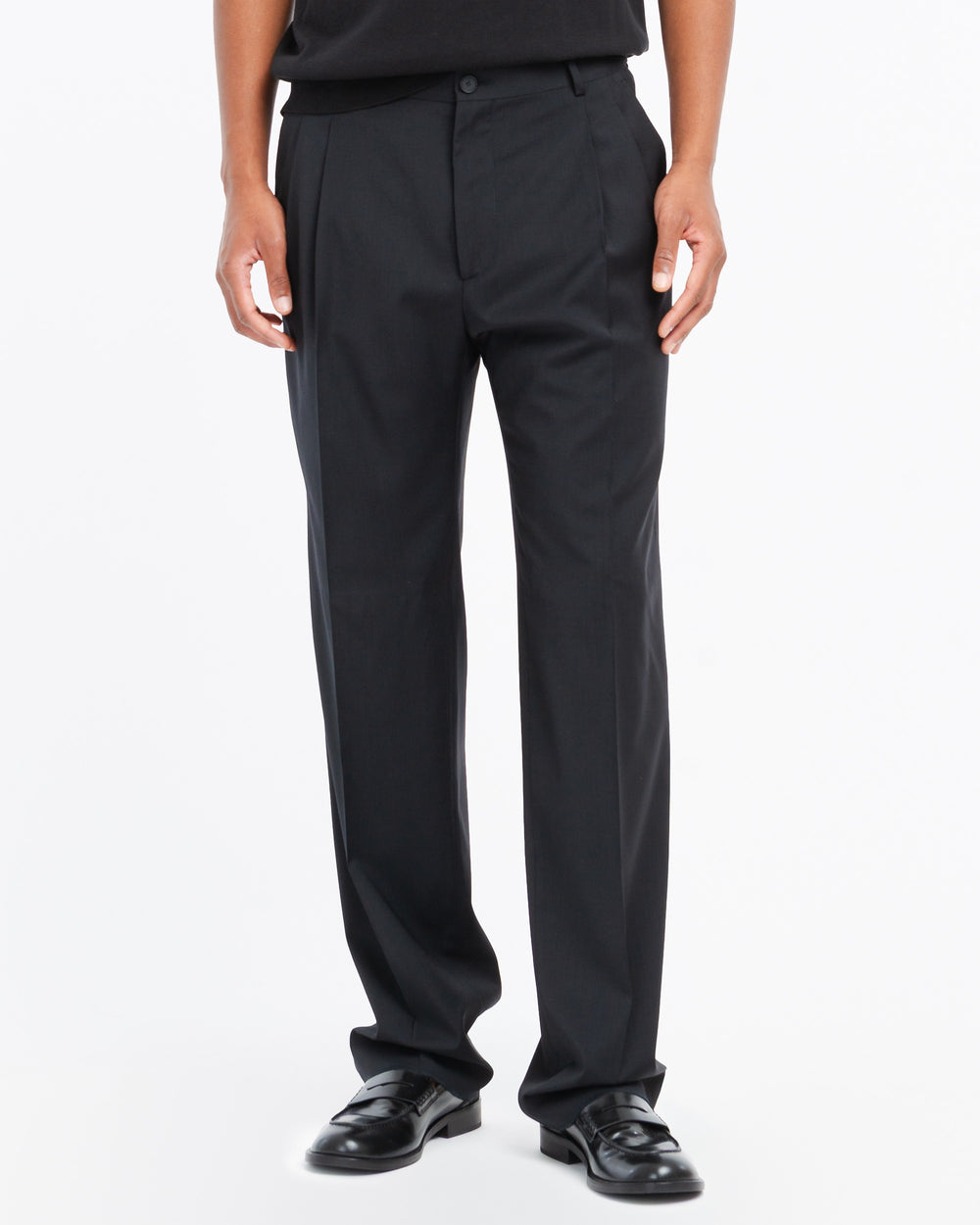 black relaxed fit double pleat trousers in cool stretch wool