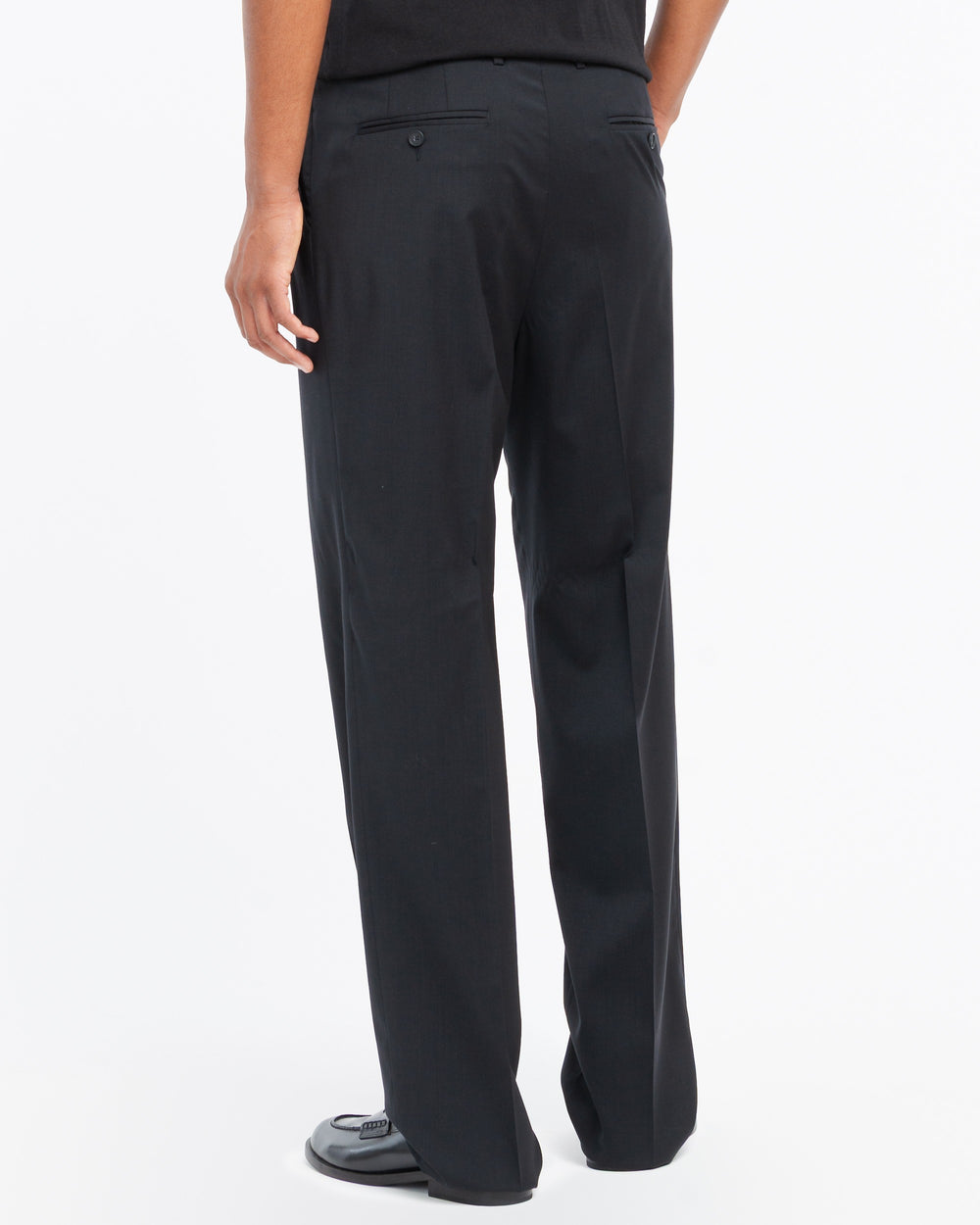 black relaxed fit double pleat trousers in cool stretch wool