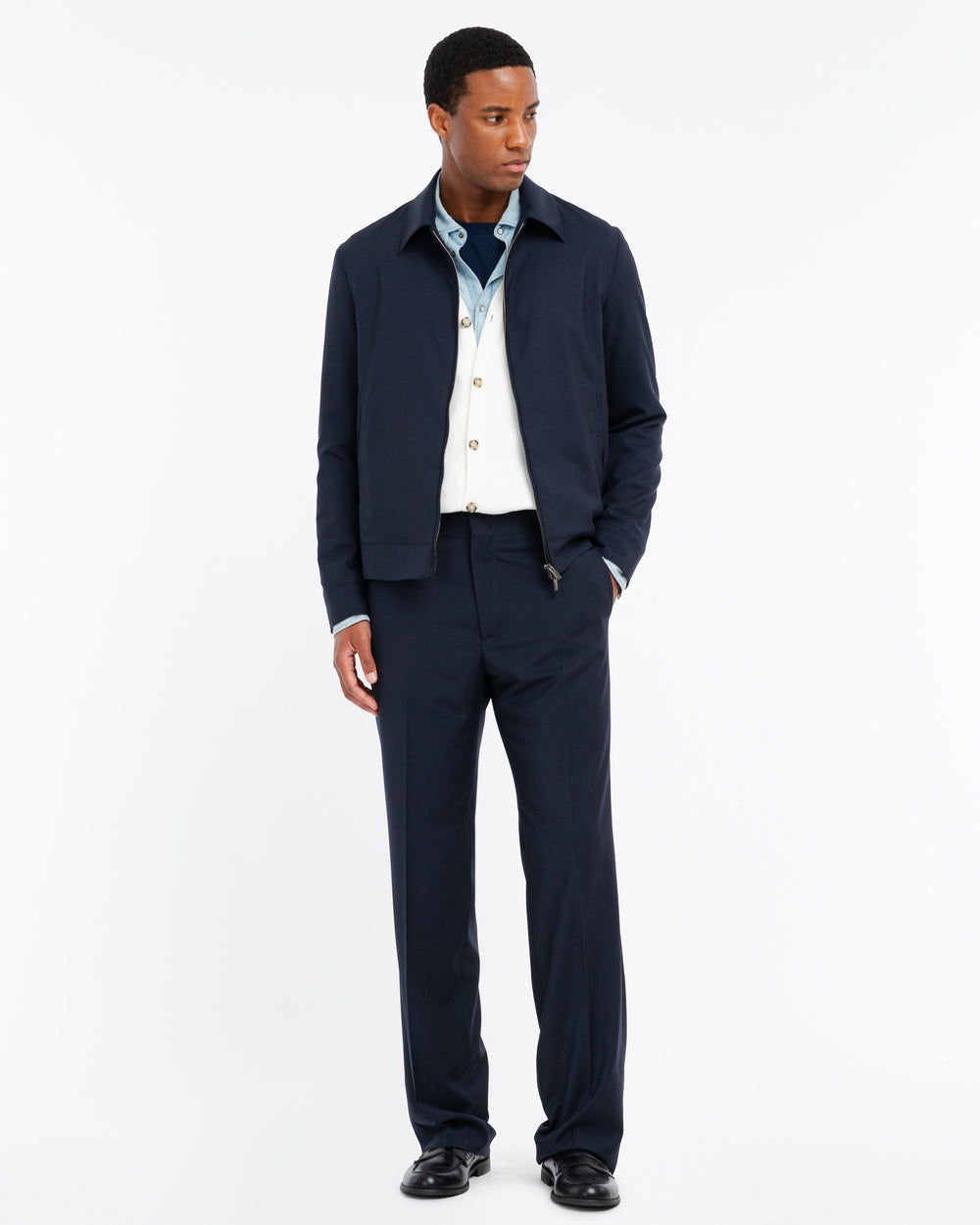 blue relaxed fit cool stretch wool chinos