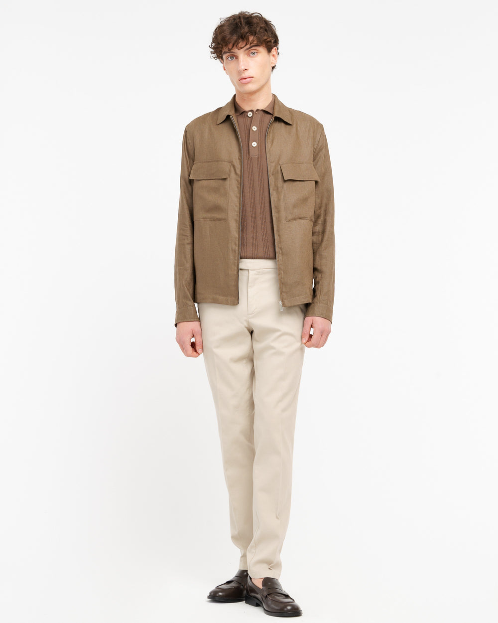 beige slim fit micro textured stretch cotton trousers