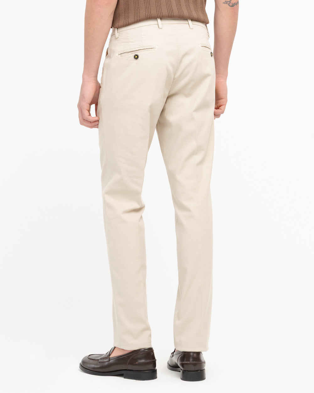 beige slim fit micro textured stretch cotton trousers