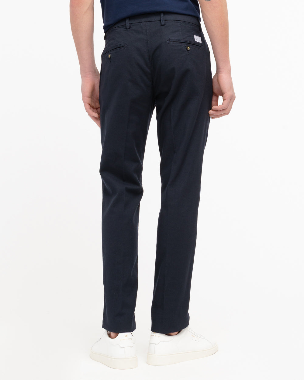 blue slim fit micro textured stretch cotton trousers