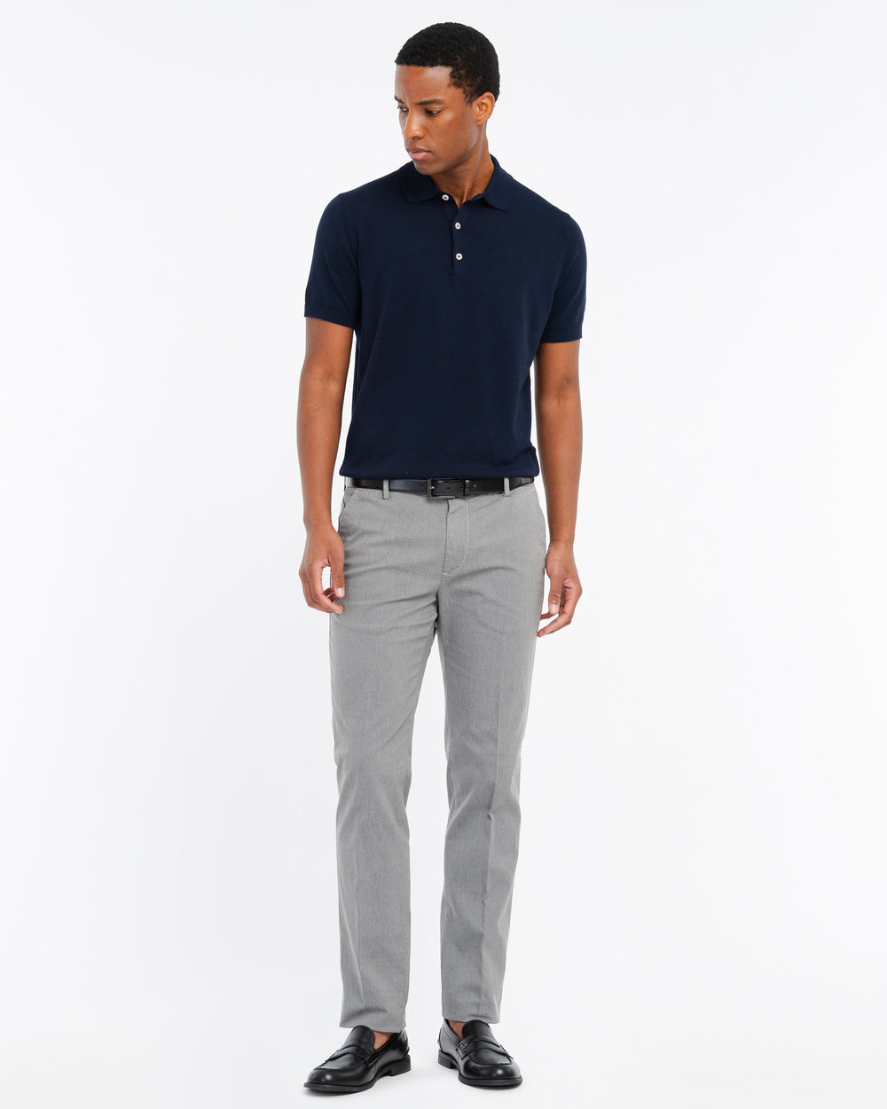beige slim fit micro textured stretch cotton blend trousers