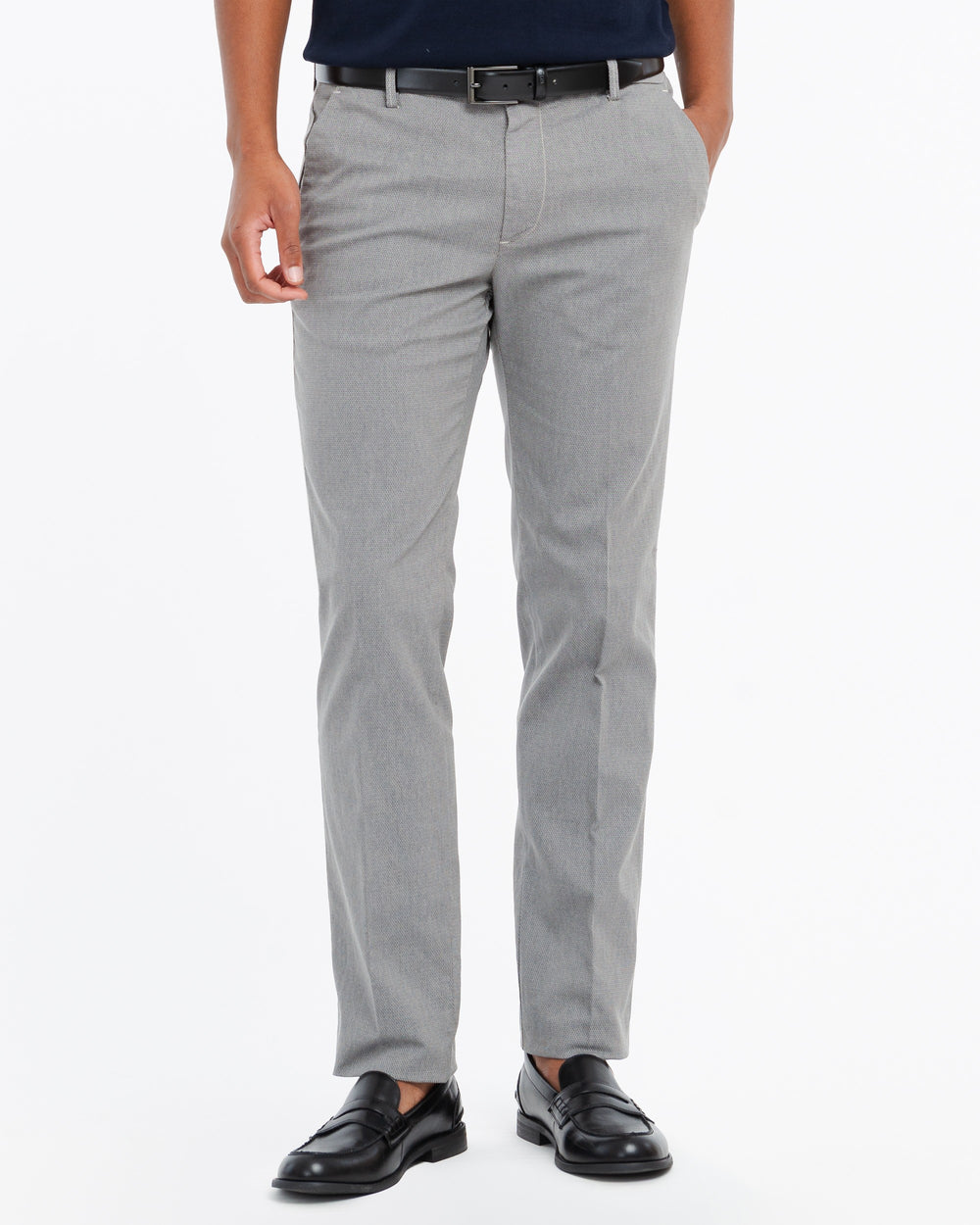 beige slim fit micro textured stretch cotton blend trousers