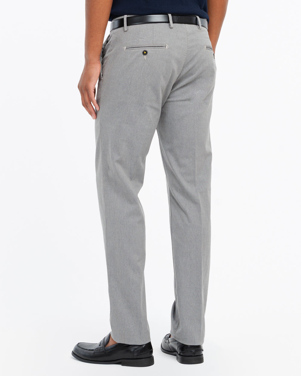 beige slim fit micro textured stretch cotton blend trousers