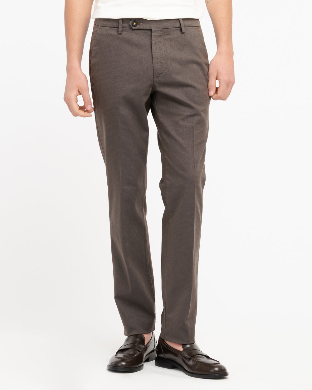 brown slim fit micro textured stretch cotton blend trousers