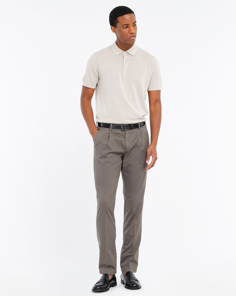 brown micro texture twill cotton stretch pleated trousers