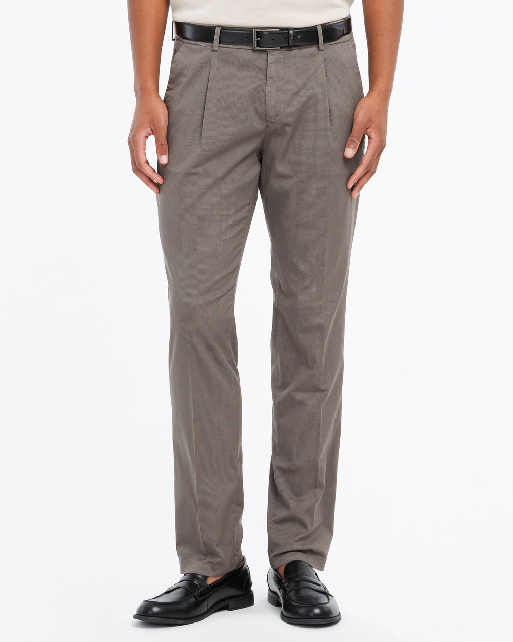brown micro texture twill cotton stretch pleated trousers