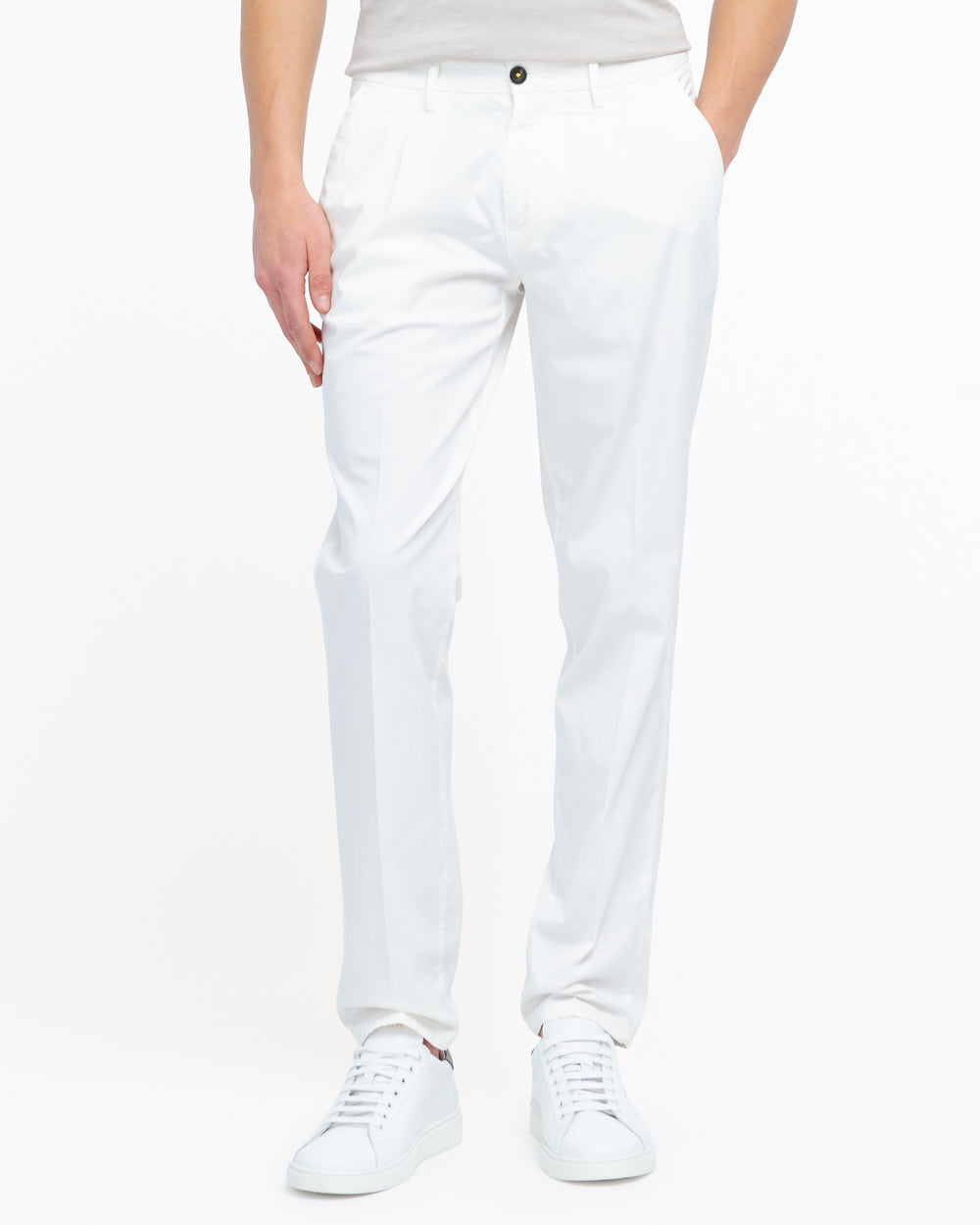 white stretch cotton twill pleated trousers