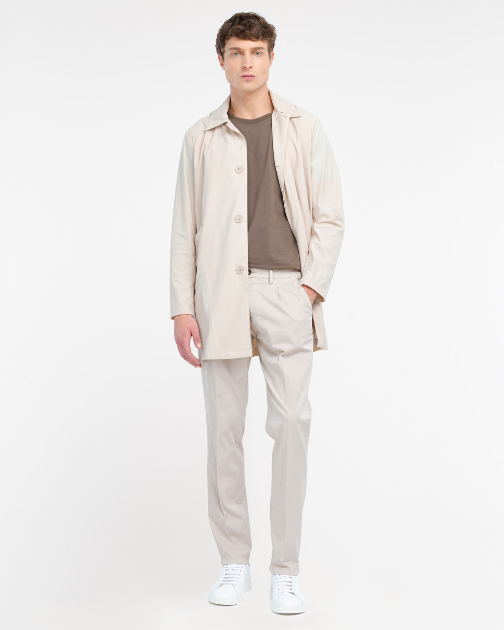 beige stretch cotton twill pleated trousers