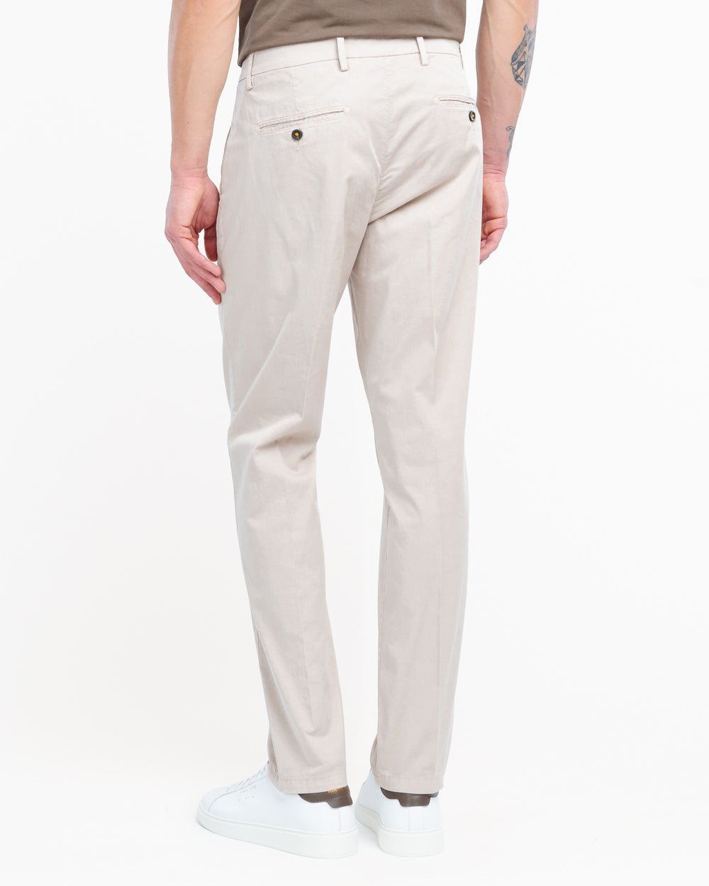 beige stretch cotton twill pleated trousers