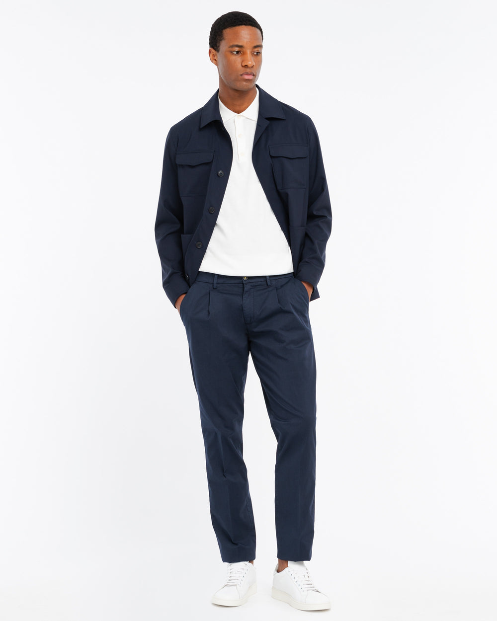 blue stretch cotton twill pleated trousers