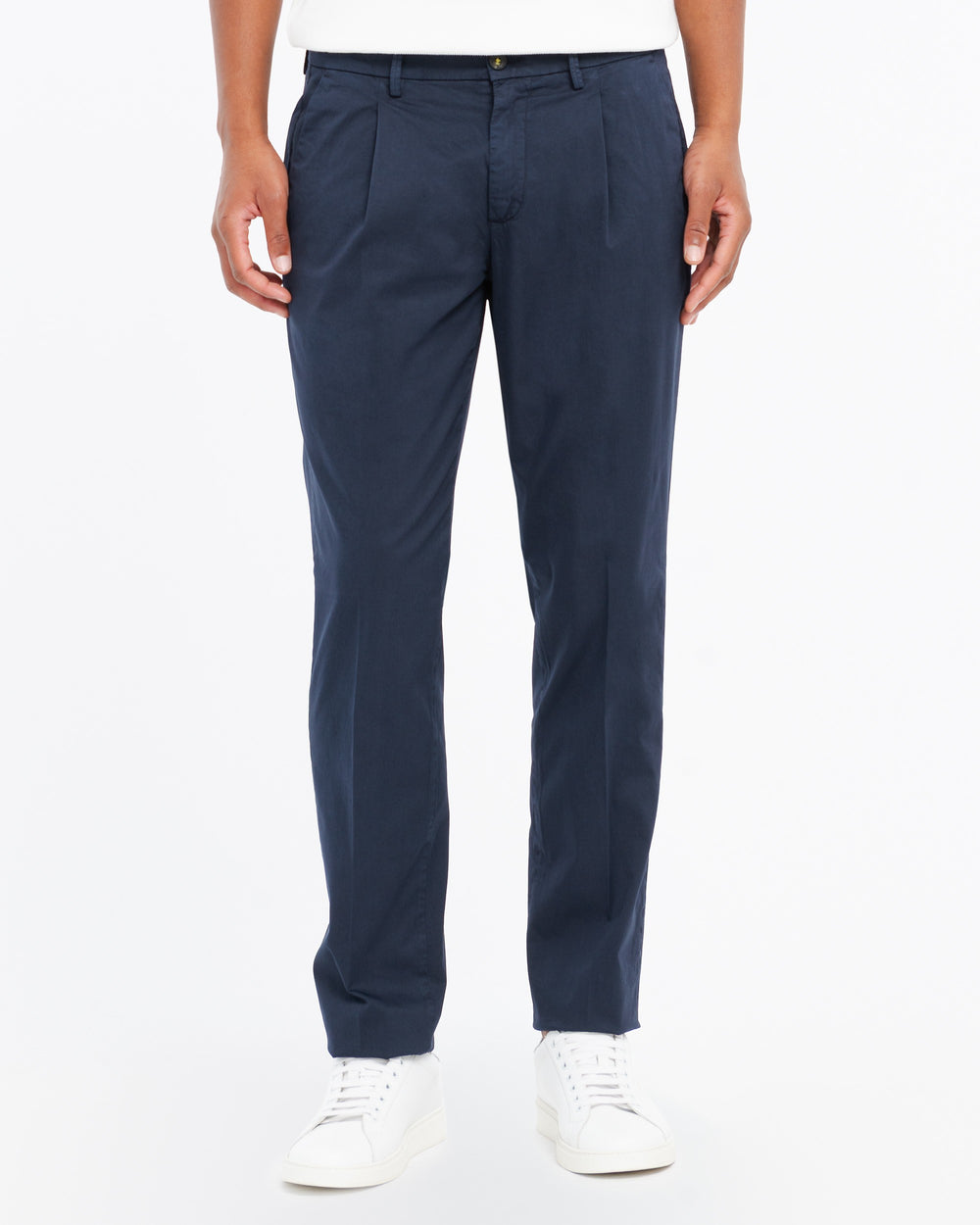 blue stretch cotton twill pleated trousers