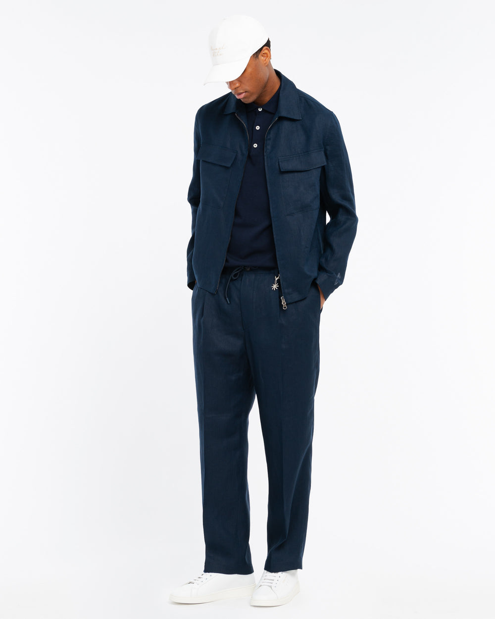 blue relaxed drawstring chinos in linen