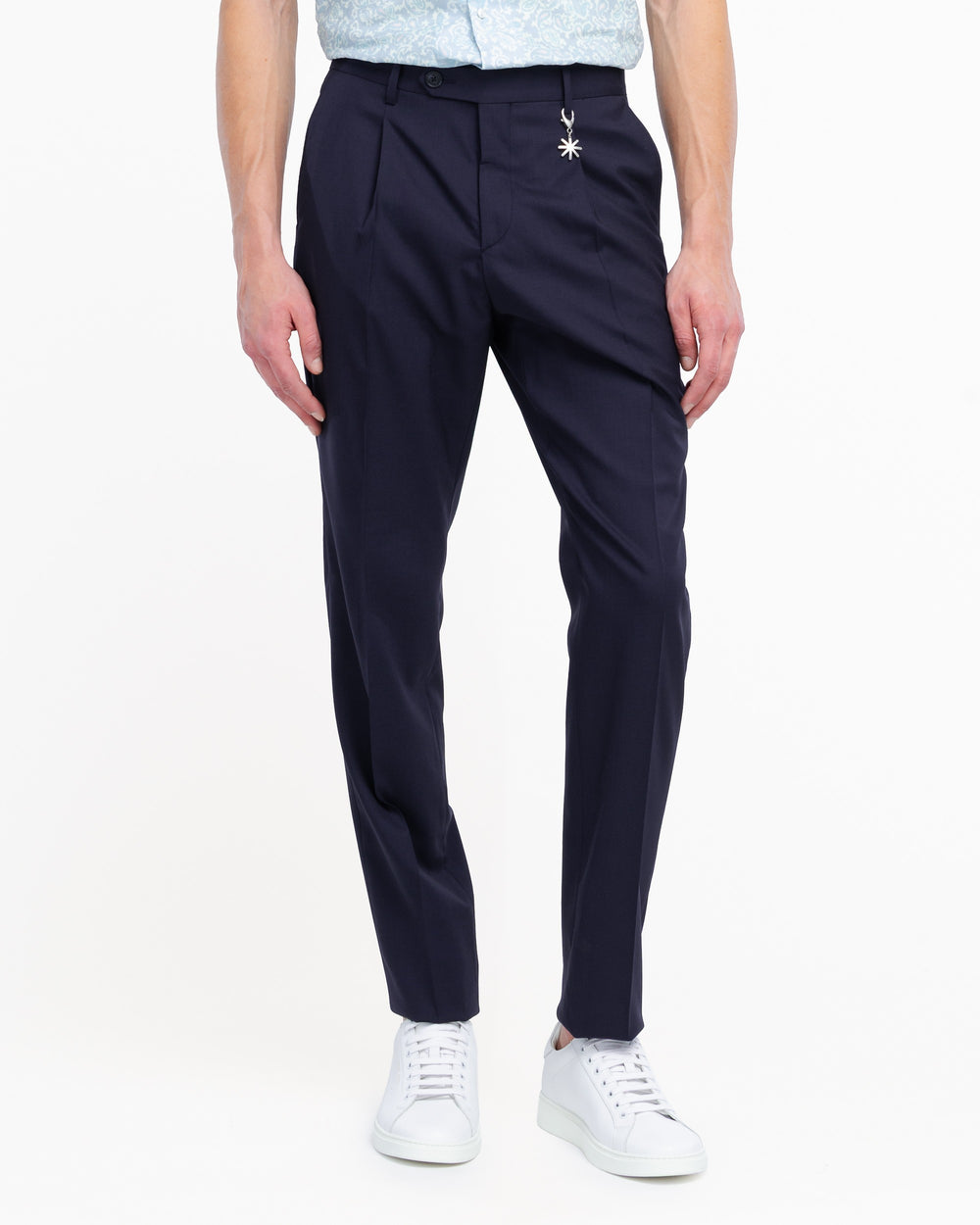 blue stretch wool cool pleated trousers