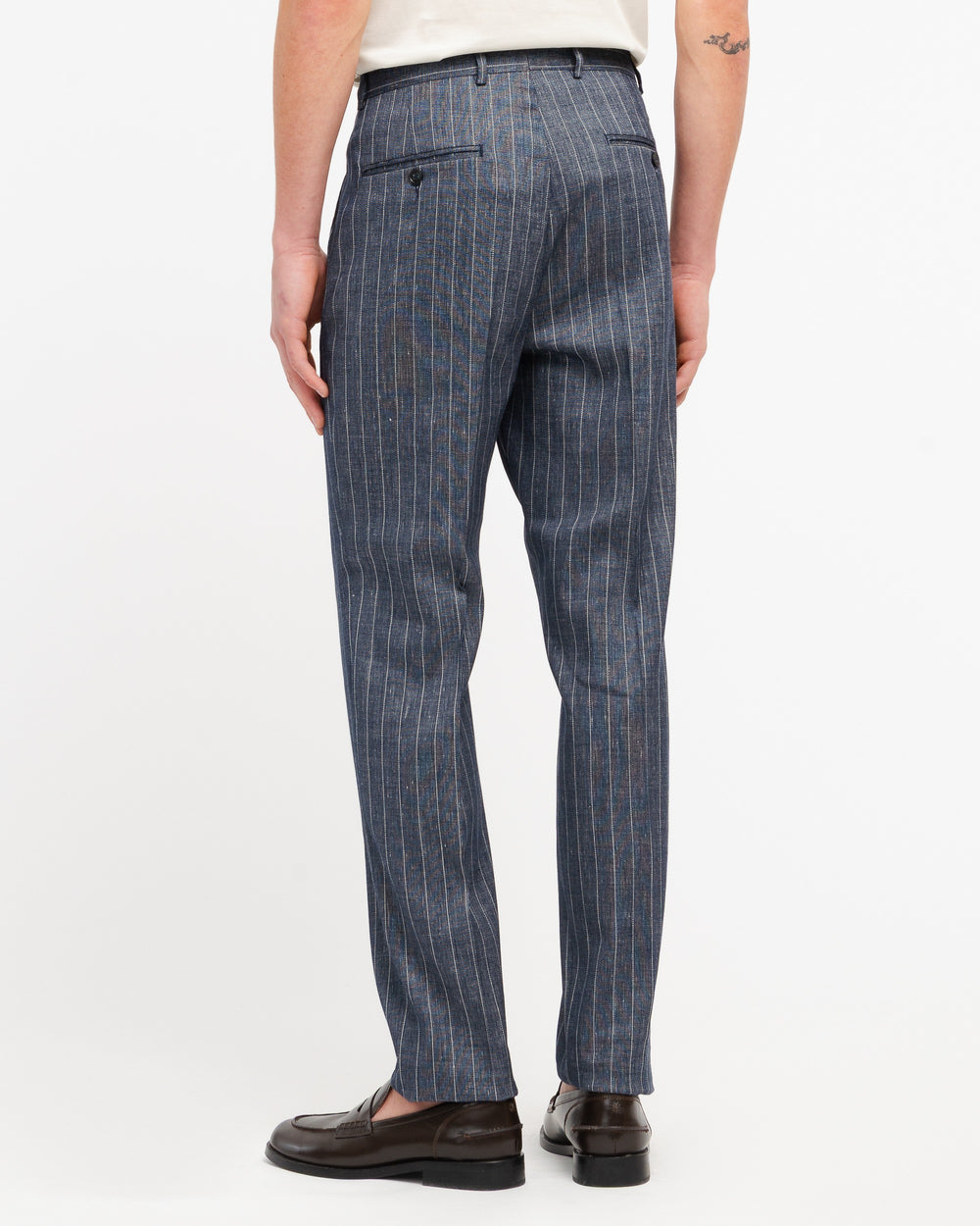 blue stretch linen blend pinstriped trousers with pleats