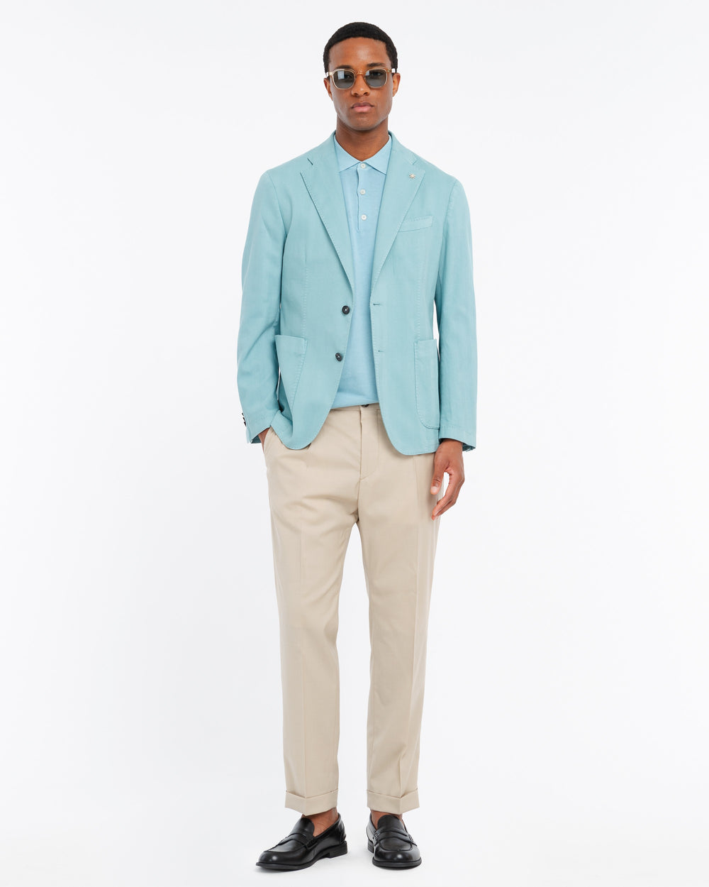 beige chinos with turn ups in cool stretch wool