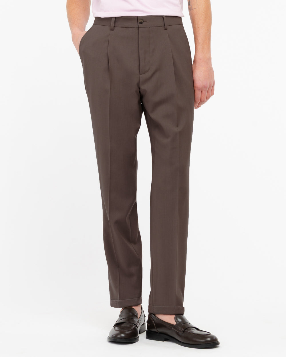 Chino con risvolto fresco di lana stretch marrone