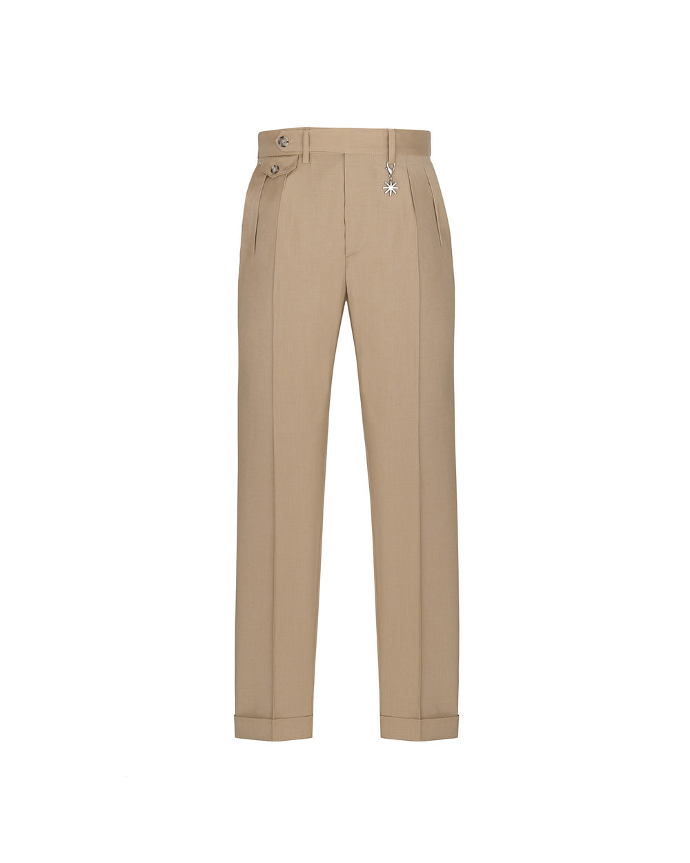 beige stretch cool wool double pleat trousers