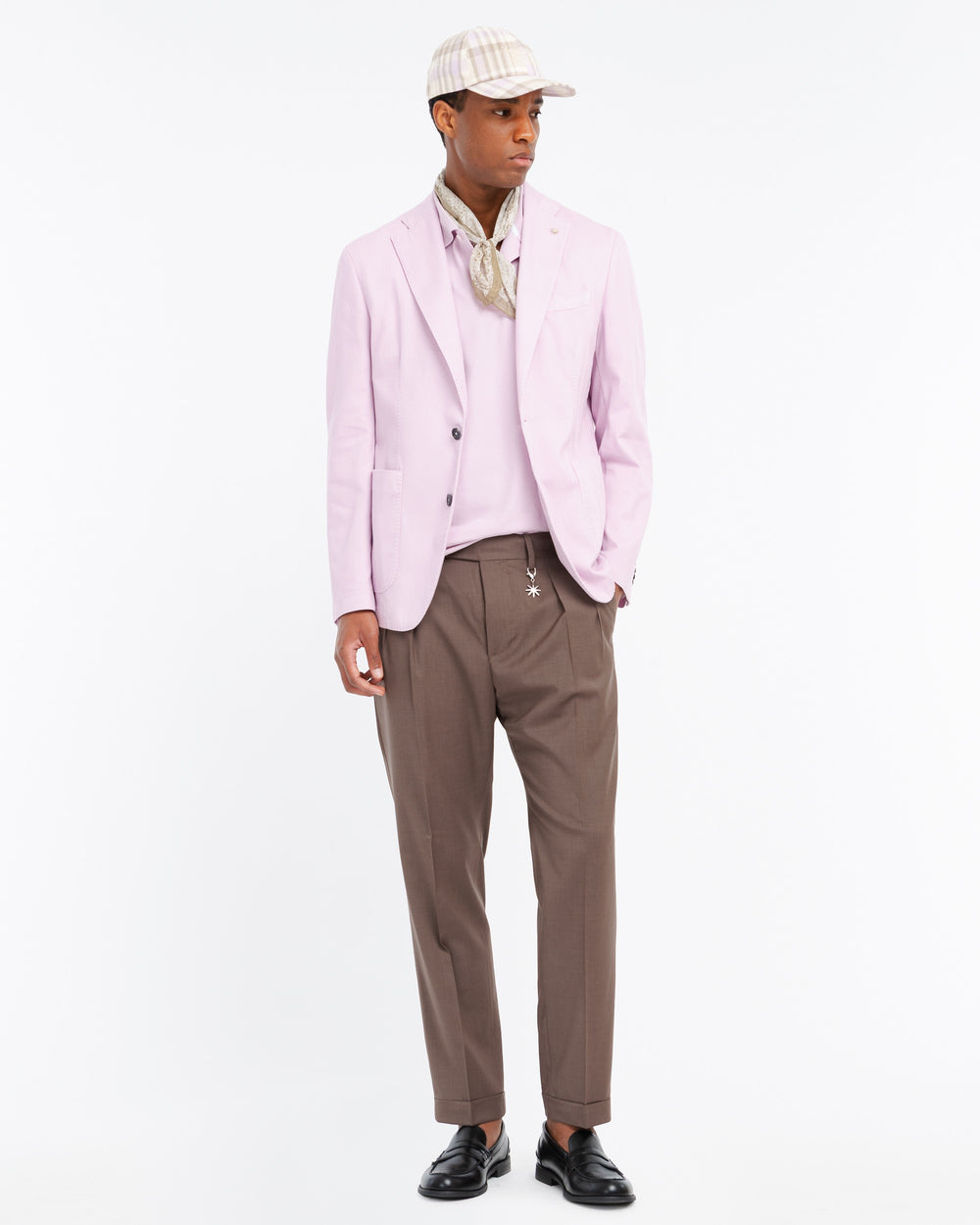brown stretch cool wool double pleat trousers