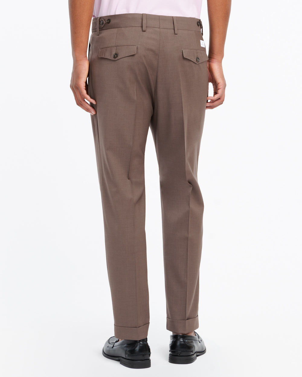 brown stretch cool wool double pleat trousers