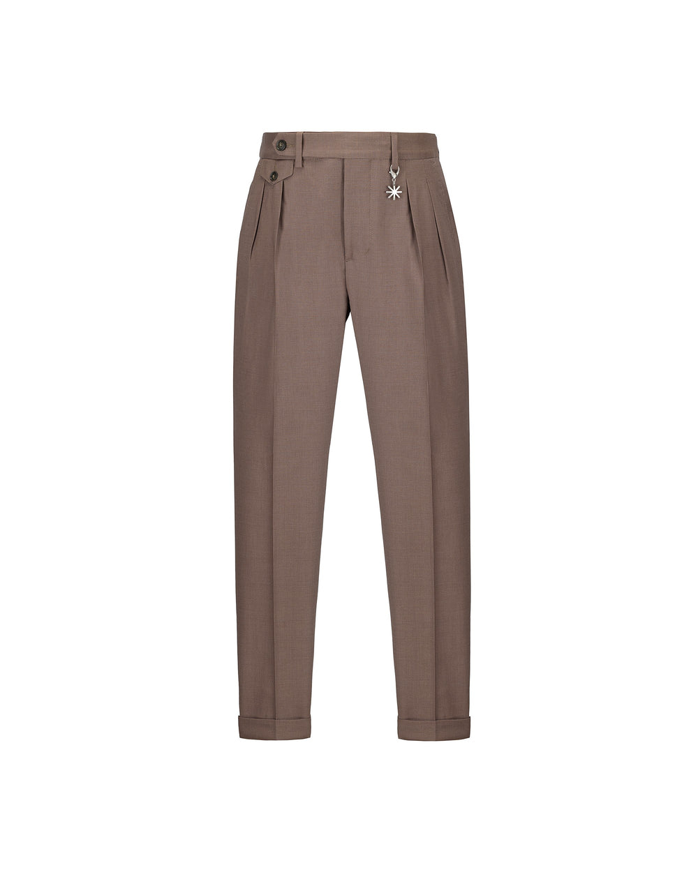 brown stretch cool wool double pleat trousers
