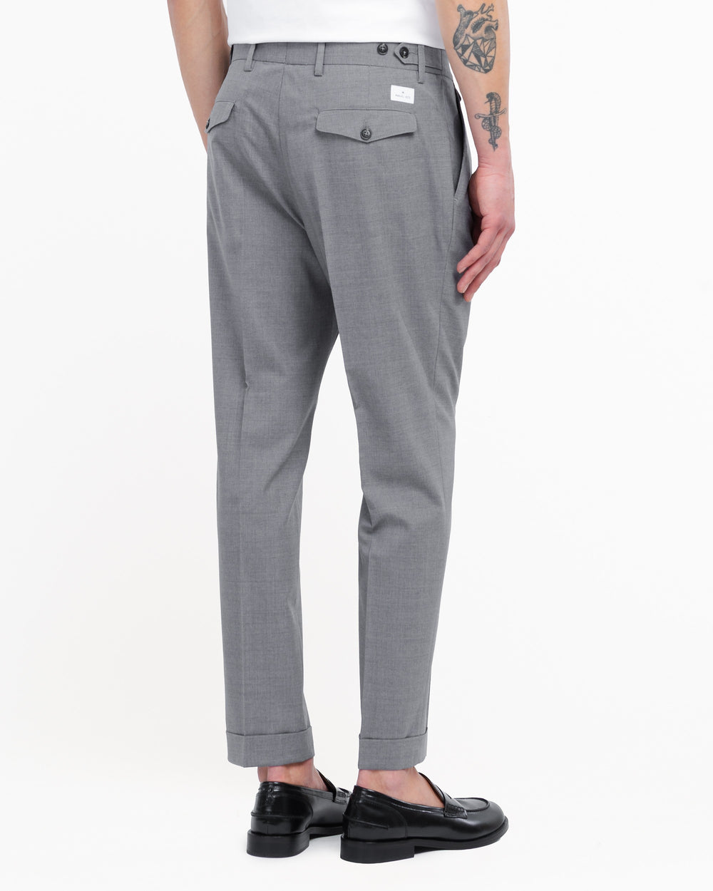 gray stretch cool wool double pleat trousers