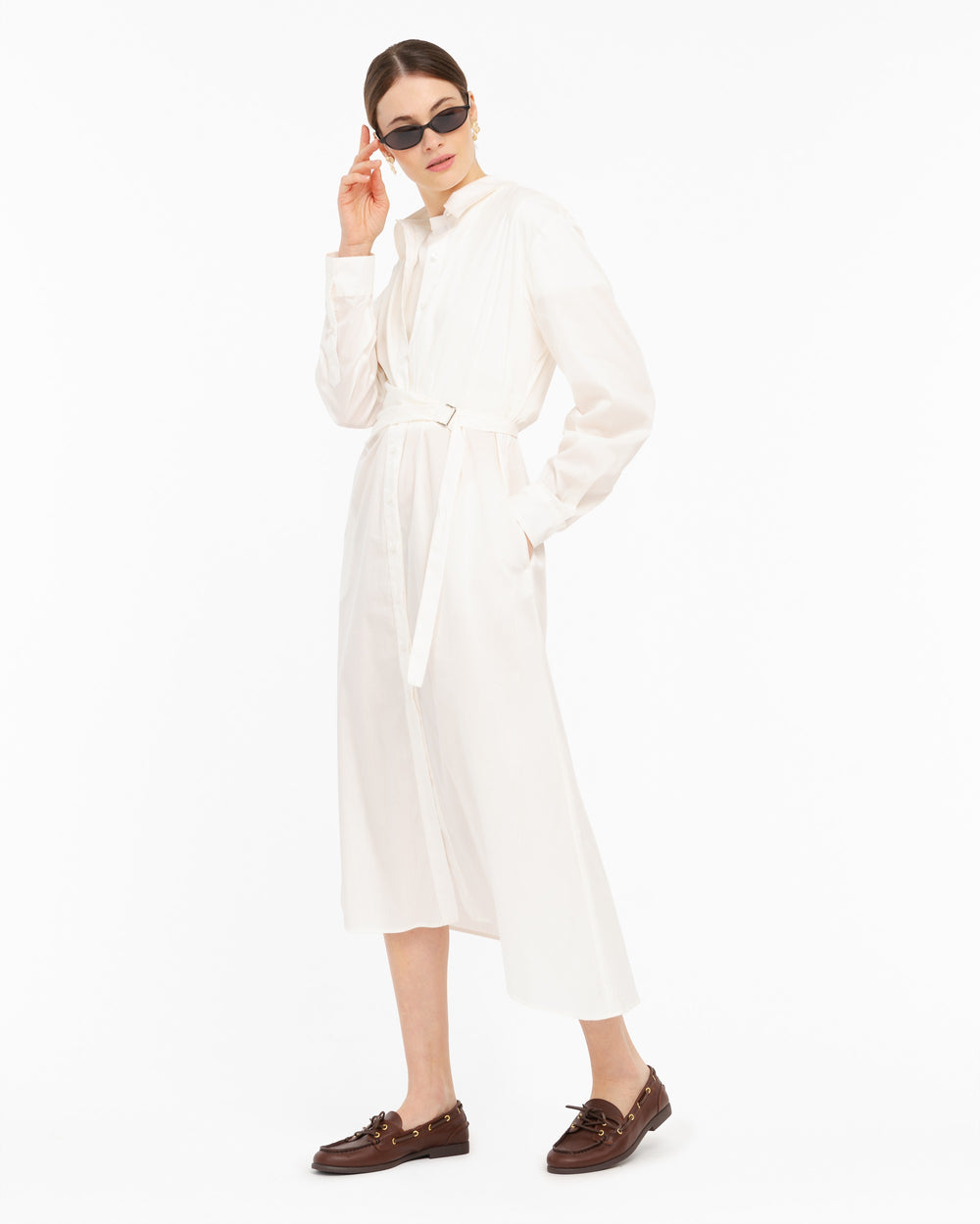 white stretch cotton blend poplin shirt dress