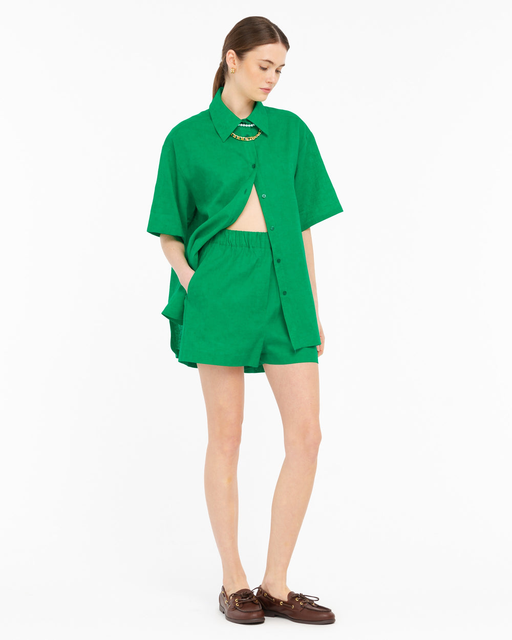 green linen cotton bermuda shorts