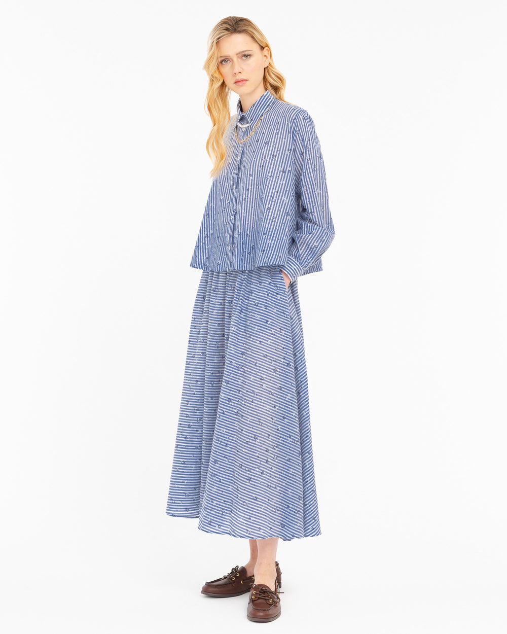light blue long cotton skirt with floral print