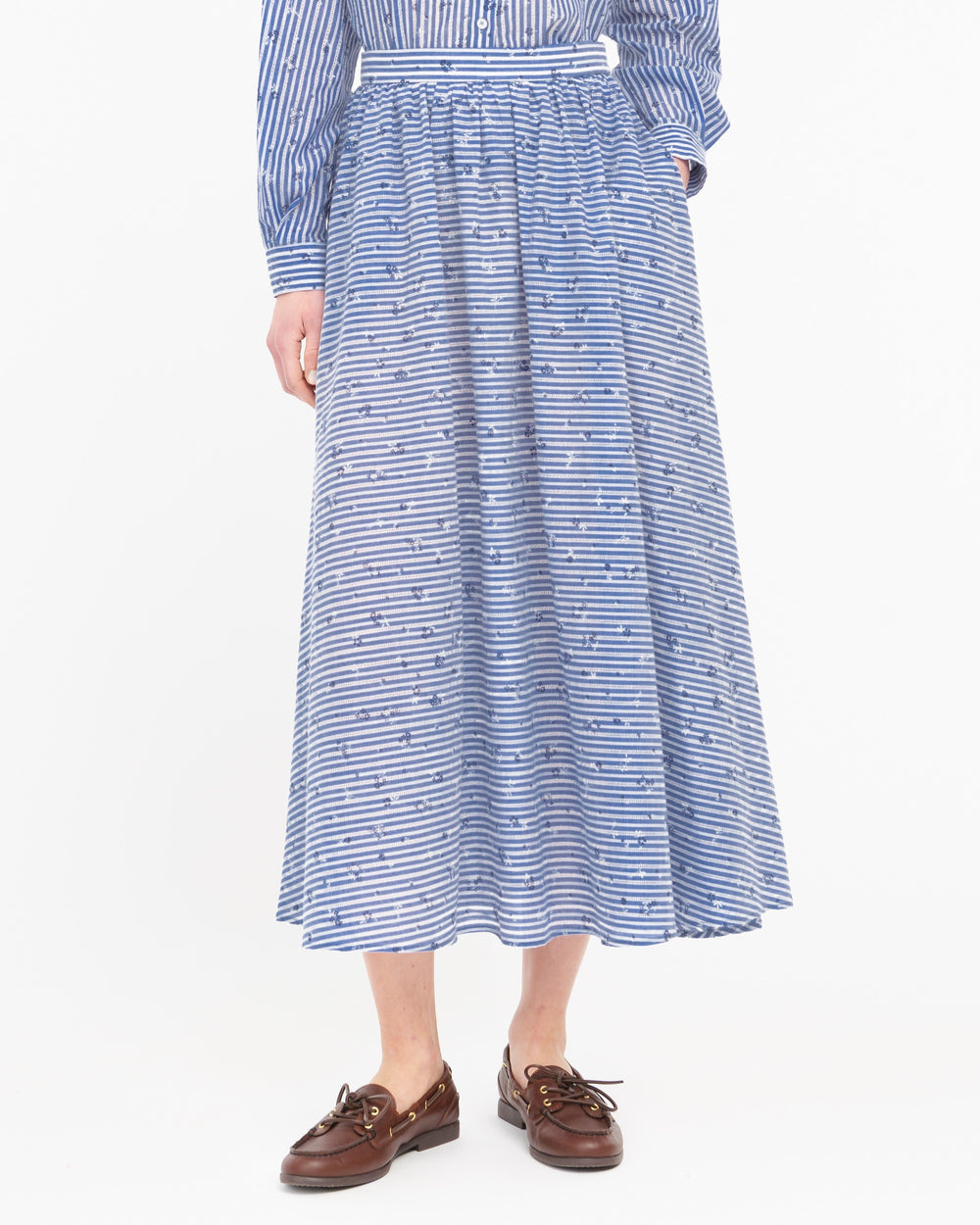 light blue long cotton skirt with floral print