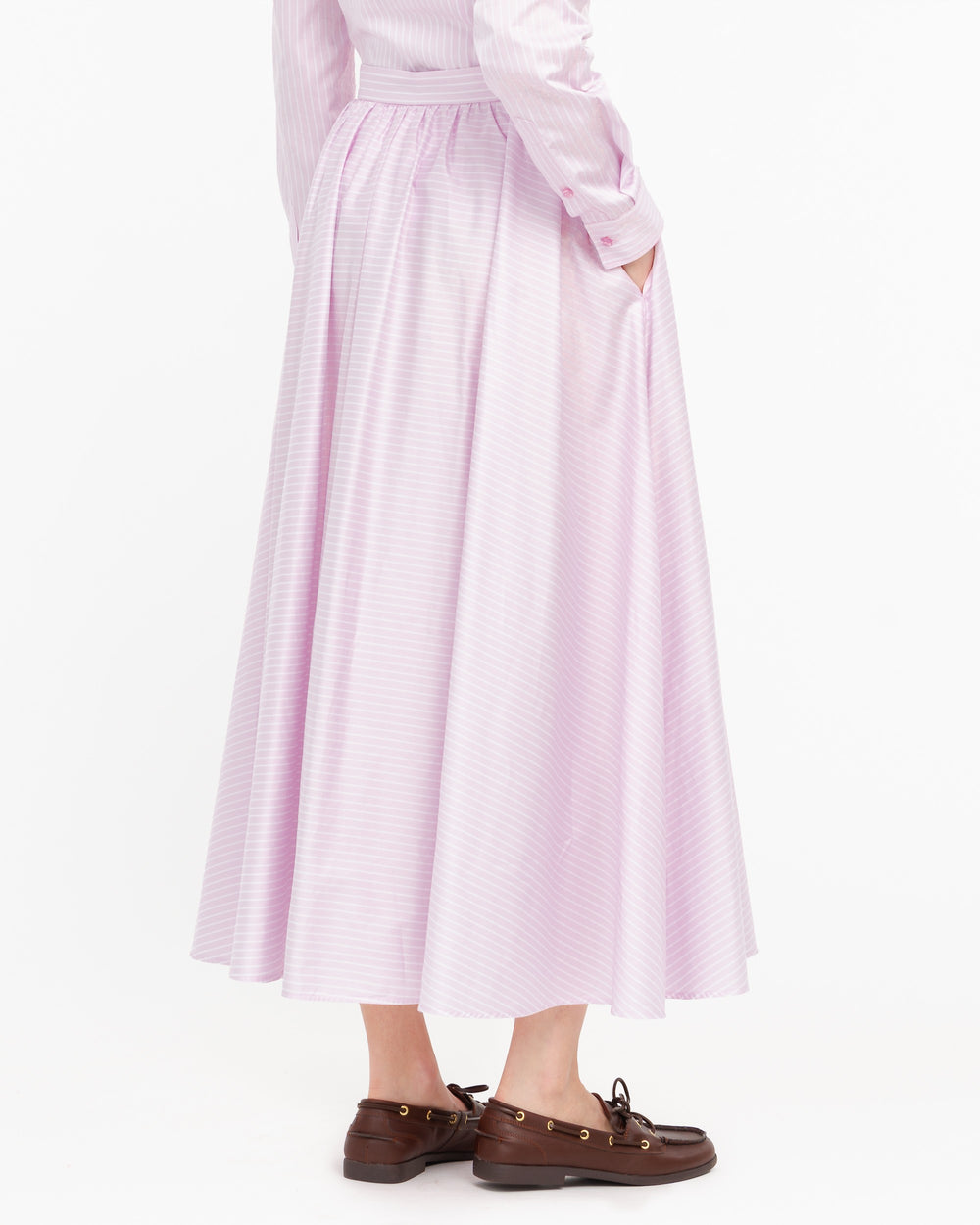pink long cotton satin striped skirt
