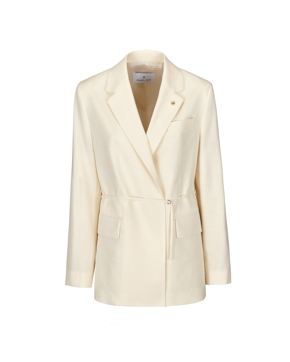 white twill belted blazer