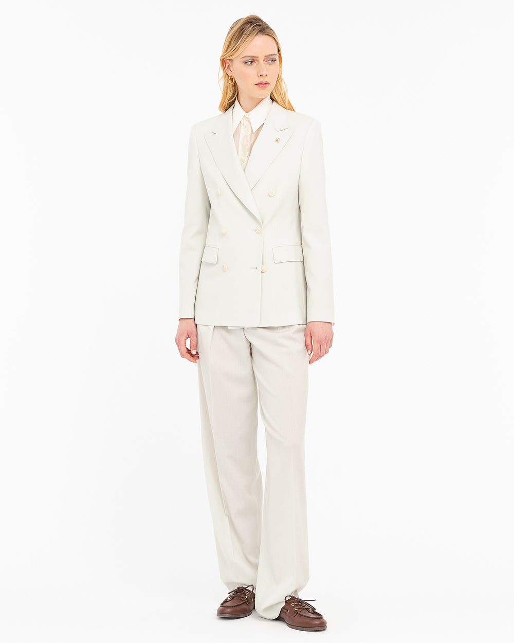 beige double breasted cool stretch wool blazer