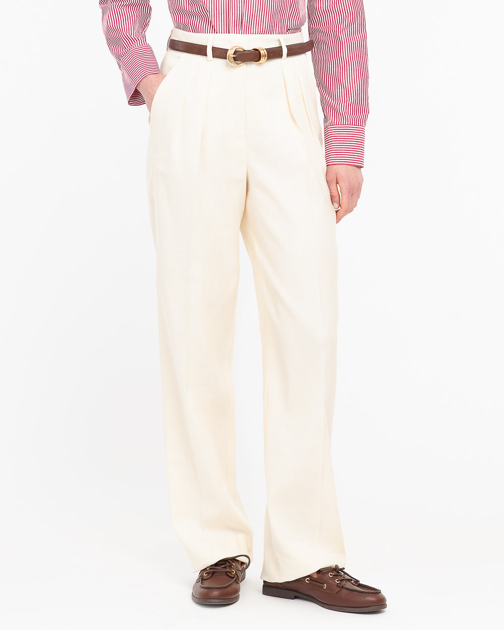 white double pleated linen cotton twill trousers